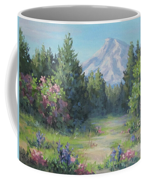 Mt Hood Coffee Mug featuring the painting The View by Karen Ilari