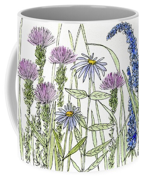 Watercolor Coffee Mug featuring the painting Thistle Asters Blue Flower Watercolor Wildflower by Laurie Rohner