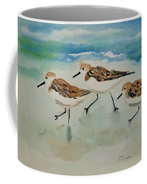 Plovers Coffee Mug featuring the painting Three birds at the beach by Ann Frederick
