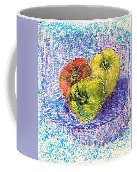 Three Capsicums Coffee Mug featuring the drawing Three capsicums by Asha Sudhaker Shenoy