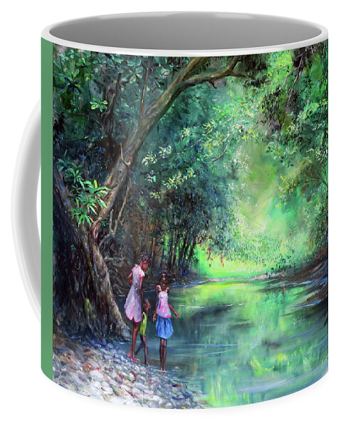 Caribbean Art Coffee Mug featuring the painting Three Children by the River by Jonathan Gladding