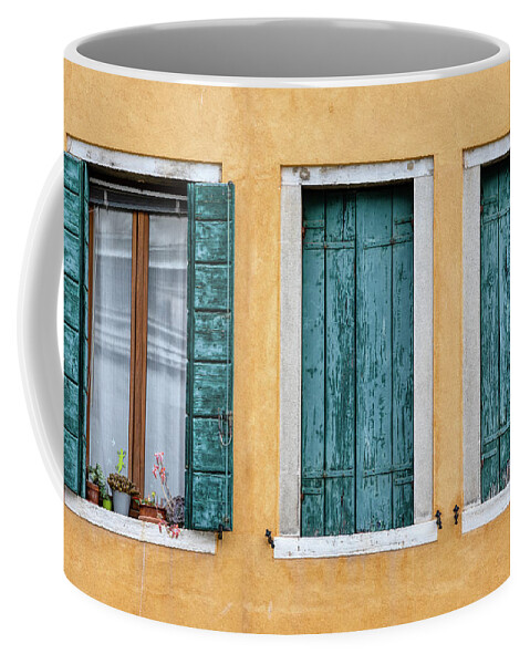 Venice Coffee Mug featuring the photograph Three Green Windows of Venice by David Letts