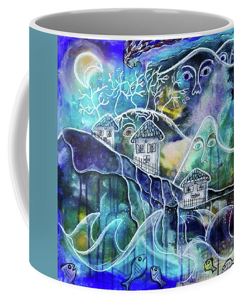 House Coffee Mug featuring the mixed media Three Houses on a Cliff by Mimulux Patricia No