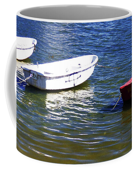 Cape Cod; Massachusetts; Water; Ocean; Bay; Sound; Harbor; Dinghy; Massachusetts; New England; Provincetown; Ptown; Outdoors; Nature; Bay; Coast; Coastal; Beach; Sailing; Skiff; Boat; Boats; Red Coffee Mug featuring the photograph Three Little Boats 300 by Sharon Williams Eng