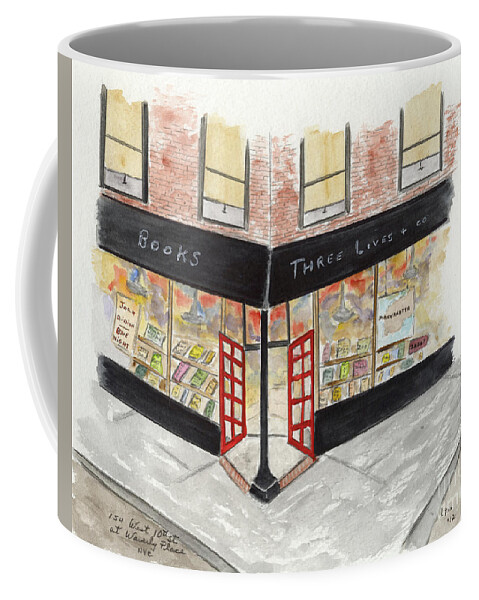 Three Lives Bookshop Coffee Mug featuring the painting Three Lives and Company Bookshop by Afinelyne
