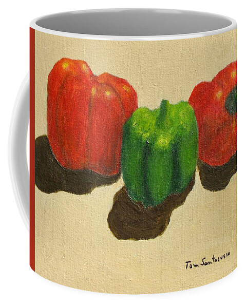 Still Life Fruit Vegetables Peppers Red Green Coffee Mug featuring the painting Three Peppers by Thomas Santosusso