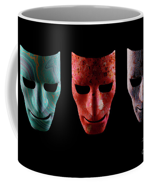 Mask Coffee Mug featuring the photograph Three textured AI robotic face masks by Simon Bratt