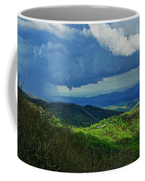 Thunder Mountain Coffee Mug featuring the photograph Thunder Mountain Overlook distant rain by Meta Gatschenberger