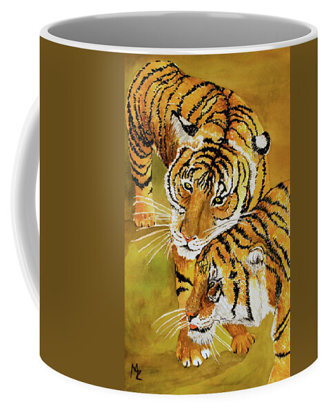 Tiger Coffee Mug featuring the painting Tiger Romance by Margaret Zabor