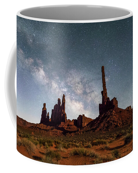 Monument Valley Tribal Park Coffee Mug featuring the photograph Totem Pole, Yei Bi Che and Milky Way by Dan Norris