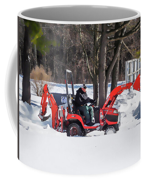 Tractor Cleaning Snow Coffee Mug featuring the painting Tractor cleaning snow 2 by Jeelan Clark