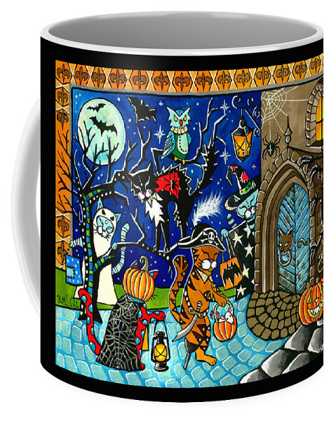 Trick Or Treat Halloween Cats Coffee Mug featuring the painting Trick Or Treat Halloween Cats by Dora Hathazi Mendes
