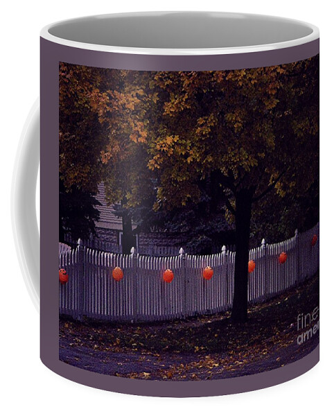 Halloween Coffee Mug featuring the photograph Trick or Treat Trail Pumpkins White Picket Fence Autumn Tree by Frank J Casella
