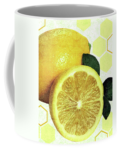 Lemon Coffee Mug featuring the mixed media Tropical Print - Lemon - Fruit - Yellow, Green - Modern Wall Art Print - Tropical Poster by Studio Grafiikka