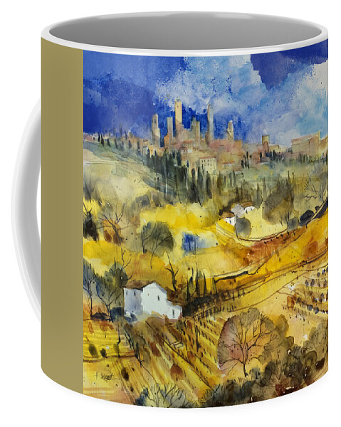 Tuscany Coffee Mug featuring the painting Tuscan landscape - San Gimignano by Alessandro Andreuccetti