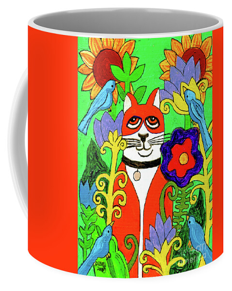 Cat Coffee Mug featuring the painting Tuxedo Cat With Four Bluebirds In Garden by Genevieve Esson
