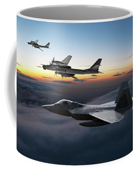 U.s. Air Force Coffee Mug featuring the digital art Twilight Intercept - F-22A Raptor and Russian Bears by Erik Simonsen