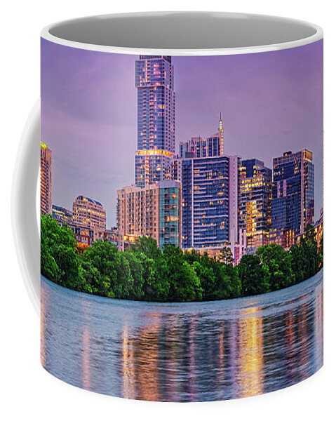 Downtown Austin Coffee Mug featuring the photograph Twilight Panorama of Downtown Austin Skyline and Lady Bird Lake - Austin Texas Hill Country by Silvio Ligutti