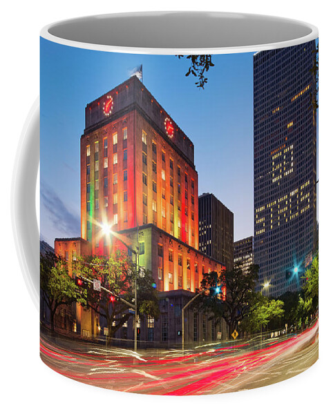 Downtown Coffee Mug featuring the photograph Twilight Photograph of Houston City Hall Astros Baseball World Series 2017 - Downtown Houston by Silvio Ligutti