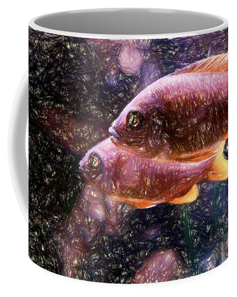 African Cichlid Coffee Mug featuring the digital art Two female Red Fin Borleyi by Don Northup