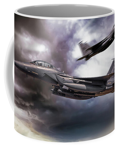 F15 Coffee Mug featuring the digital art Two F-15E Strike Eagle passing in storm clouds by Simon Bratt