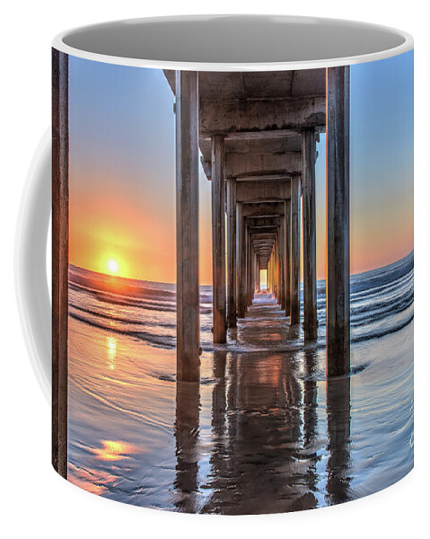 Beach Coffee Mug featuring the photograph Under Scripps Pier at Sunset ..Autographed.. by David Levin