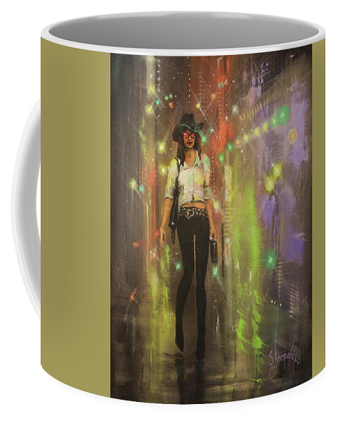 City At Night Coffee Mug featuring the painting Urban Cowgirl by Tom Shropshire
