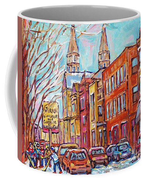 Montreal Coffee Mug featuring the painting Verdun Montreal Winter Street Hockey Game Corner Gertrude And Wellington Near Church C Spandau Art by Carole Spandau