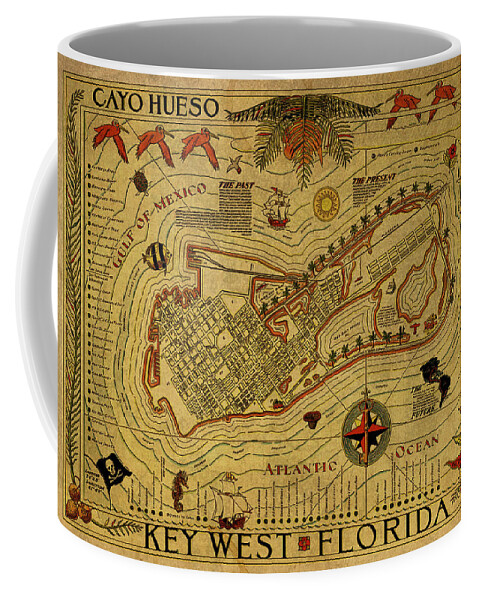 Vintage Coffee Mug featuring the mixed media Vintage Map of Key West 2 by Design Turnpike