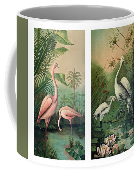 Vintage Coffee Mug featuring the painting Vintage Paintings Egrets and Flamingos by Marilyn Hunt