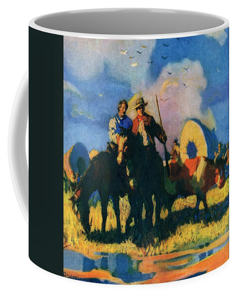 Cattle Coffee Mug featuring the drawing Wagon Train by Robert W. Crowther