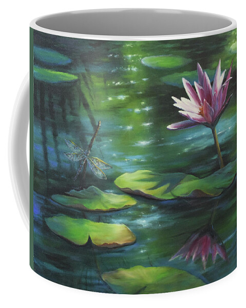Water Lilies Coffee Mug featuring the painting Dragonfly and Waterlily by Lynne Pittard