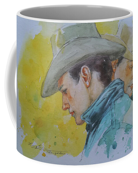 Waterolor Coffee Mug featuring the painting Watercolor portrait of cowboys #18125 by Hongtao Huang
