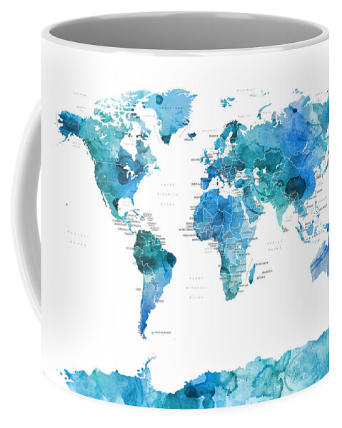 World Map Coffee Mug featuring the digital art Watercolour Political Map of the World Blue by Michael Tompsett