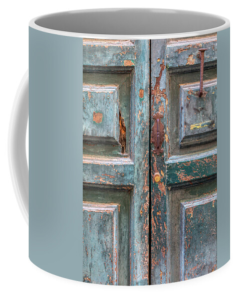 Cortona Coffee Mug featuring the photograph Weathered Rustic Green Door of Cortona by David Letts
