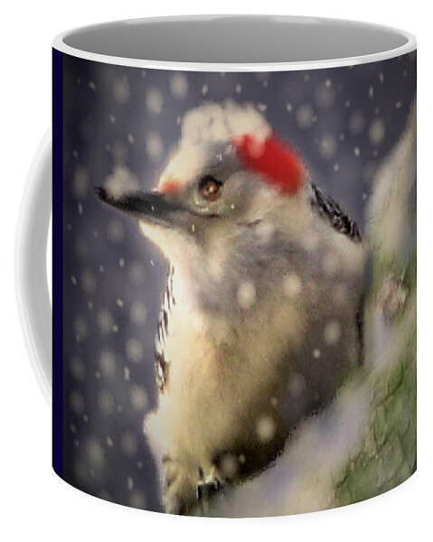 Redbellied Woodpecker Coffee Mug featuring the mixed media Welcome Winter by Angela Davies
