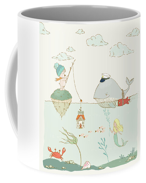 Whale Coffee Mug featuring the painting Whale and bear in the ocean whimsical art for kids by Matthias Hauser