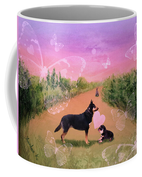 Dog Coffee Mug featuring the painting When Mr. Darcy meets his son  by Yoonhee Ko
