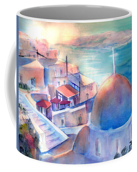 White Church Santorini Greece Coffee Mug featuring the painting White Church Santorini Greece by Sabina Von Arx
