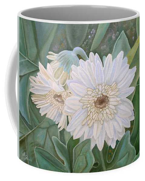 Gerbera Coffee Mug featuring the painting White Gerbera by Angeles M Pomata