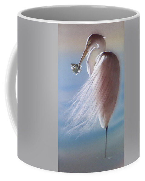 Russian Artists New Wave Coffee Mug featuring the painting White Heron with Fish by Alina Oseeva