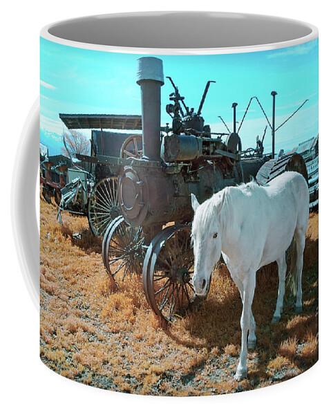 Pasture Coffee Mug featuring the photograph White Horse Iron Horse by Martin Konopacki