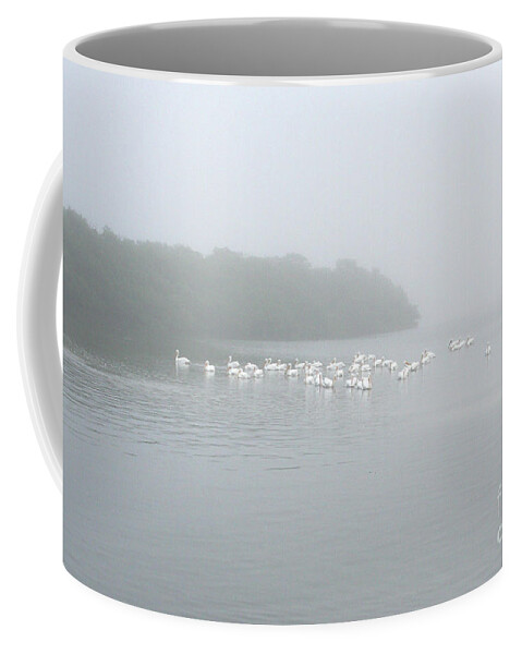 Nature Coffee Mug featuring the photograph White Pelicans on a Foggy Morning by Mariarosa Rockefeller