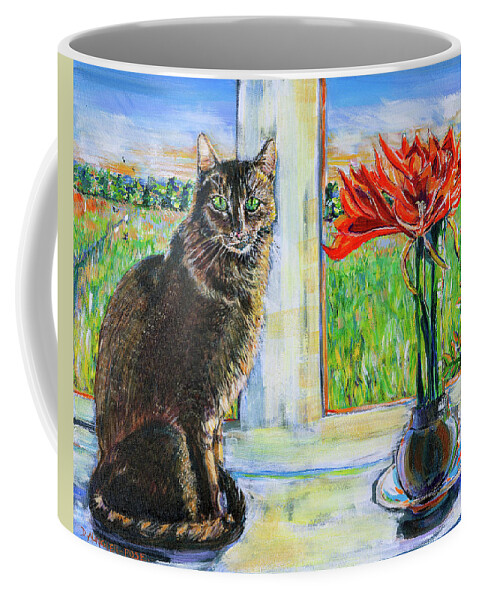 Acrylic Coffee Mug featuring the painting Windowsill Cat With Red Amaryllis by Seeables Visual Arts