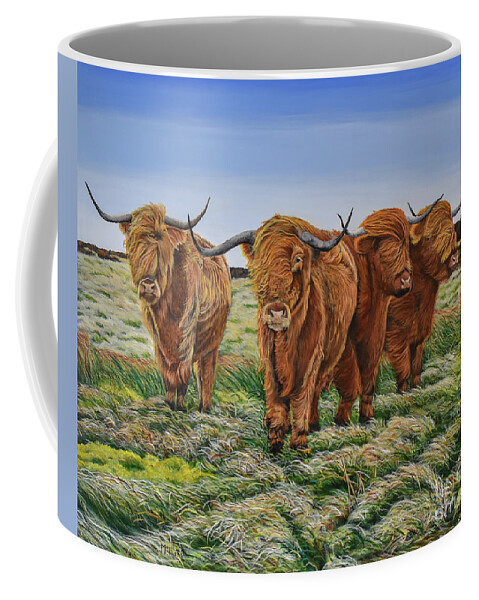 Cattle Coffee Mug featuring the painting Windswept Highland Cattle by Marilyn McNish