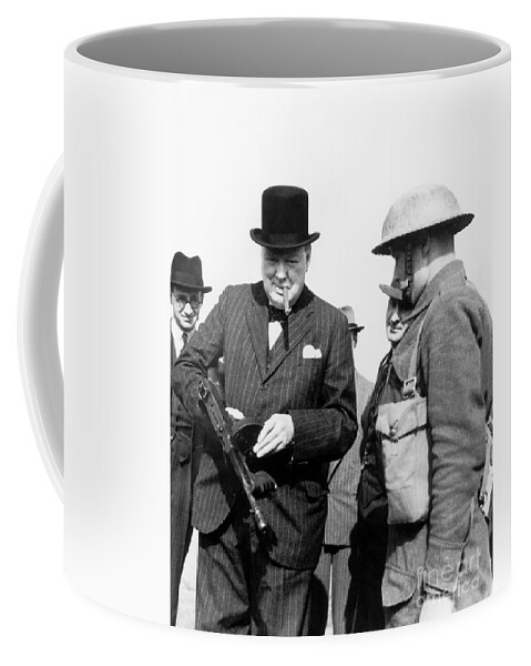 Winston Churchill Coffee Mug featuring the photograph Winston Churchill Holding A Sub Machine Gun, Photo by English Photographer