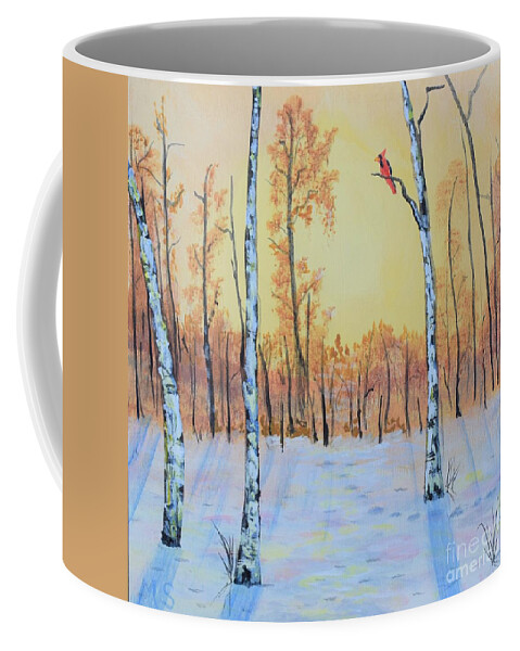 Birch Coffee Mug featuring the painting Winter Birches-Cardinal Right by Monika Shepherdson