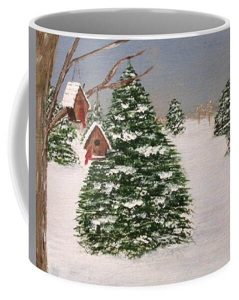 Evergreens Coffee Mug featuring the painting Winter Feeding by Cynthia Morgan