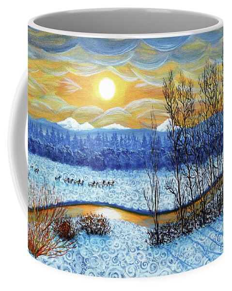 Pacific Northwest Coffee Mug featuring the painting Winter River in Sunset by Laura Iverson