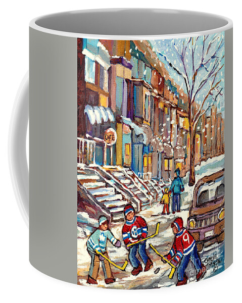 Montreal Coffee Mug featuring the painting Winter Staircases Hockey Art Montreal Paintings Downtown Scenes Verdun Plateau Psc Streets C Spandau by Carole Spandau